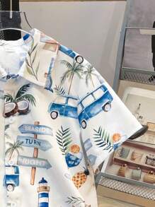 SHEIN Áo thun polo cổ bẻ tay ngắn họa tiết cây cọ dễ thương cho bé trai tuổi mới lớn, thích hợp mặc đi làm, đi học, mặc thường ngày, thể thao, xuân/hè, đi nghỉ - Màu be - Xem 5