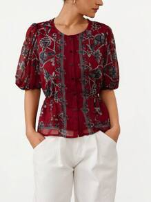 Frievida Elegant Round Neck Ditsy Floral Slim Fit Luxury Ladies Blouse - Multicolor - View 6