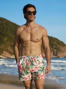 Manfinity Swimmode Men's Tropical Plant Print Drawstring Waist Casual Beach Shorts Men Swim Trunks - Multicolor - View 4
