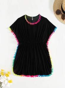 Swim Lushoire 女士圆领沙滩罩衫，带绒球边缘和褶皱腰，适合夏季度假 - 黑色 - 查看 6