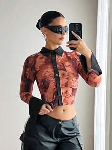 EgrlEra Camisa de mujer con cuello con botones y estampado de patrones