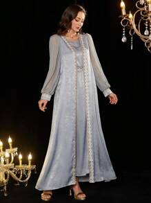 Al Najma Women's Grey-Blue Acetate Velvet Sleeve & Chiffon Panel Dress With Ruffle Trim And Waist Tie+ Abaya Jacket Set - Baby Blue - View 4