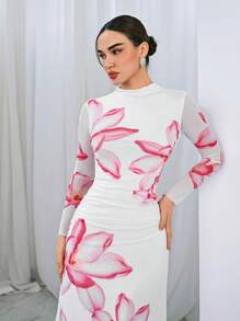 Aloruh Vestido largo elegante de gasa con estampado floral y manga larga, vestido de cubreplaya elegante para resort, vestido romántico de playa para mujeres - Multicolor - Ver 3