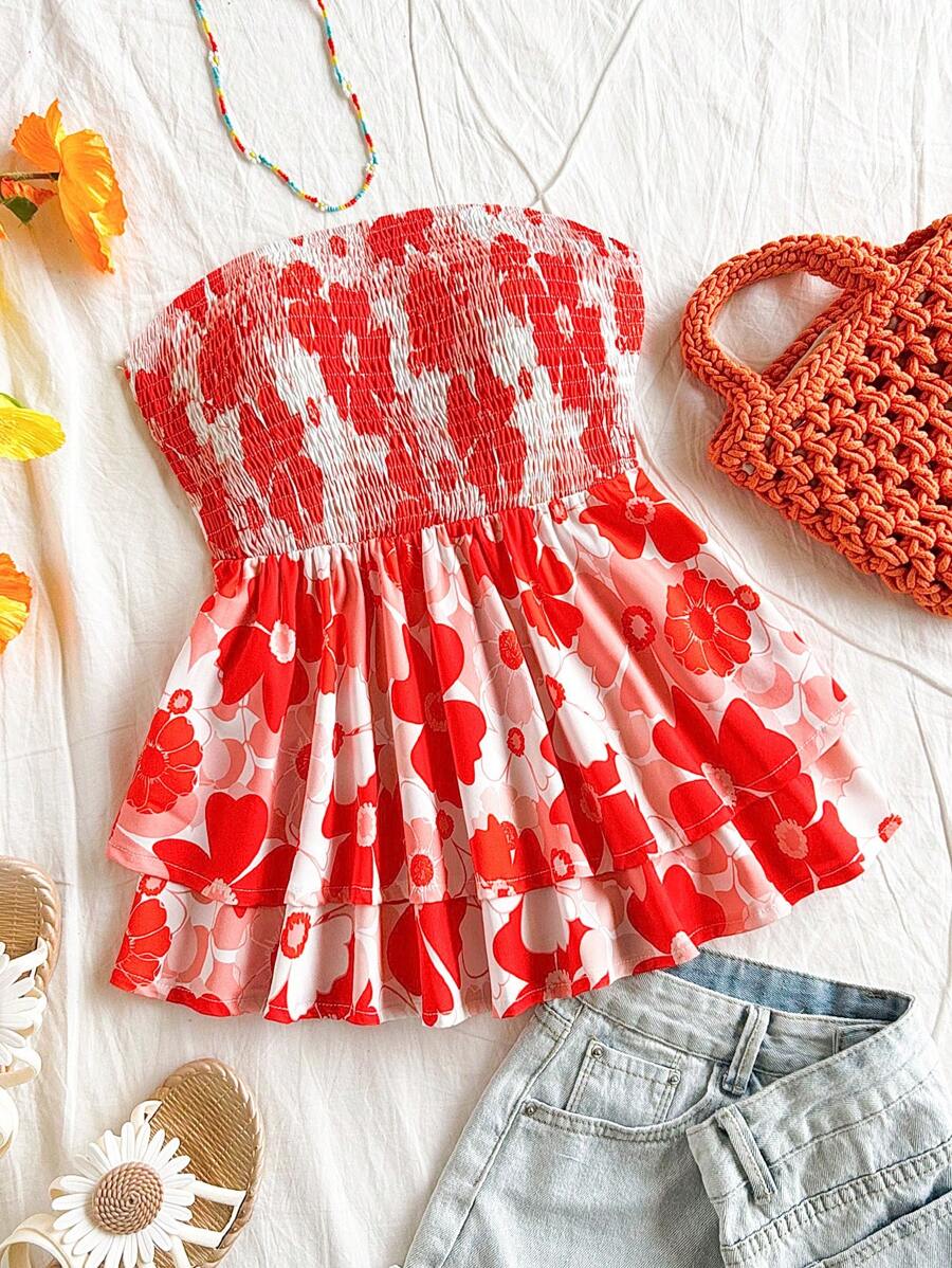 Soleia 彩色花卉印花褶饰短款上衣，分层下摆，适合节日、约会、下午茶、度假、音乐节、波西米亚风 - 彩色 - 查看 1