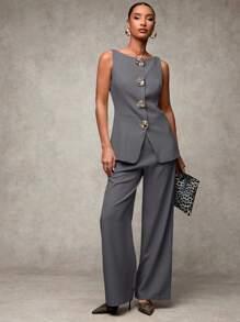 SHEIN BAE Women's Metal Floral Decor Sleeveless Jacket And Pants Fashionable Suit Set In Fall/Winter - Dark Grey - View 3