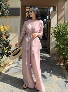 Women Elegant Asymmetrical Blouse And Wide-Leg Pants Two-Piece Sets Lounge Sets For Women - Pink - View 7