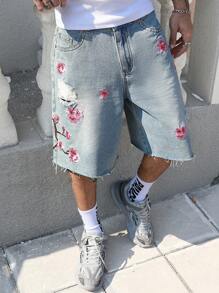 ROMWE MEN Street Life Summer Casual Men'S Floral Embroidery Loose Denim Shorts Jorts - Light Wash - View 3