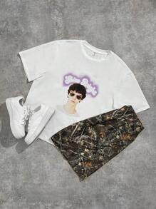 SHEIN Set de 2 piezas de camiseta de punto con estampado gráfico y shorts con estampado digital para niños adolescentes, ropa casual de calle, para primavera/vuelta al colegio - Multicolor - Ver 1