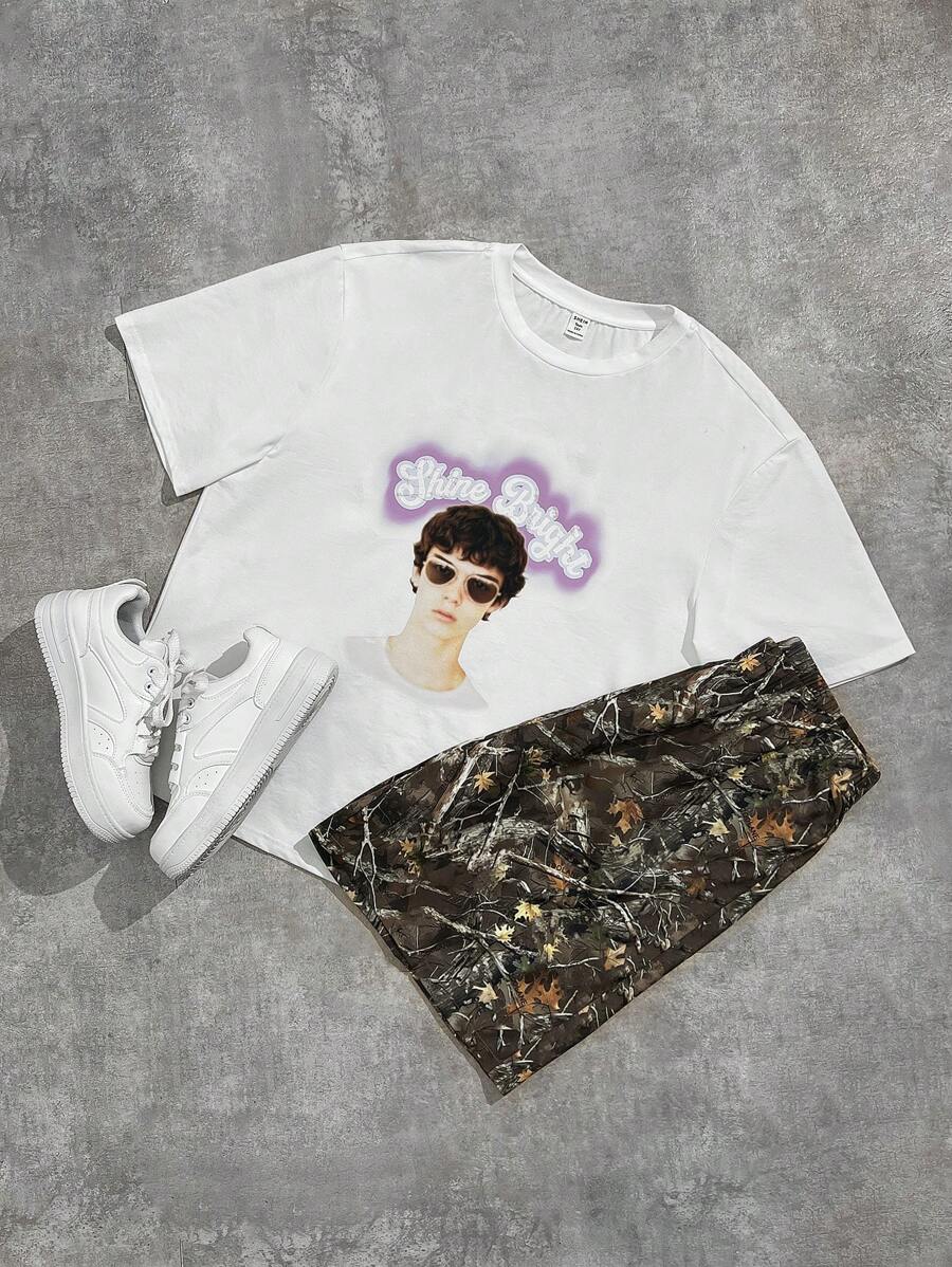SHEIN Set de 2 piezas de camiseta de punto con estampado gráfico y shorts con estampado digital para niños adolescentes, ropa casual de calle, para primavera/vuelta al colegio - Multicolor - Ver 1