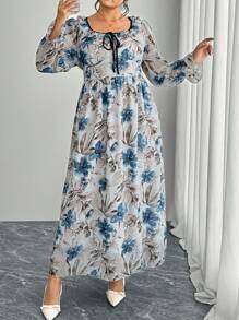 Modelyn Vestido de manga larga con estampado floral vintage de gasa con nudo delantero para mujer de talla grande - Azul - Ver 4