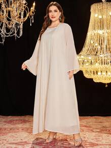 Modelyn Simple Solid Color Jacquard Long Sleeve Loose Cardigan And Round Neck Sleeveless Loose Regular Midi Dress Spring/Summer Plus Size Women Arabic Set - Beige - View 6