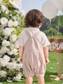 SHEIN 2 件/套男婴/女婴休闲短袖衬衫 + 裤子套装，适合春夏季的绅士装，适合生日派对、洗礼、1 岁生日、派对、表演、婚礼（优雅、婚礼嘉宾、花童、戒指男孩） - 卡其色 - 查看 2