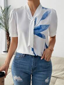Chiquease Women's Casual Print Patchwork Puff Sleeve Blouse - White - View 7