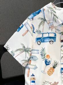 SHEIN Áo thun polo cổ bẻ tay ngắn họa tiết cây cọ dễ thương cho bé trai tuổi mới lớn, thích hợp mặc đi làm, đi học, mặc thường ngày, thể thao, xuân/hè, đi nghỉ - Màu be - Xem 8