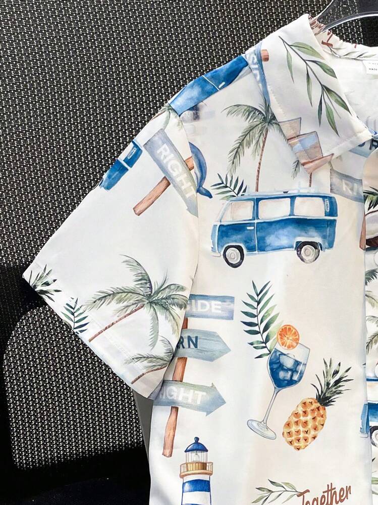 SHEIN Tween Boys 休闲学院风可爱度假棕榈树图案 Polo 领短袖衬衫，适合通勤、上学、日常休闲装、运动、春夏、度假 - 杏色 - 查看 8