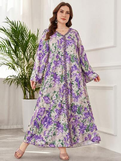 Al Najma Plus Size Women's Arab Lace Floral Printed Dress, Full Length Homewear Jalabiya Loose Dress For Spring/Summer, Modest Kaftan