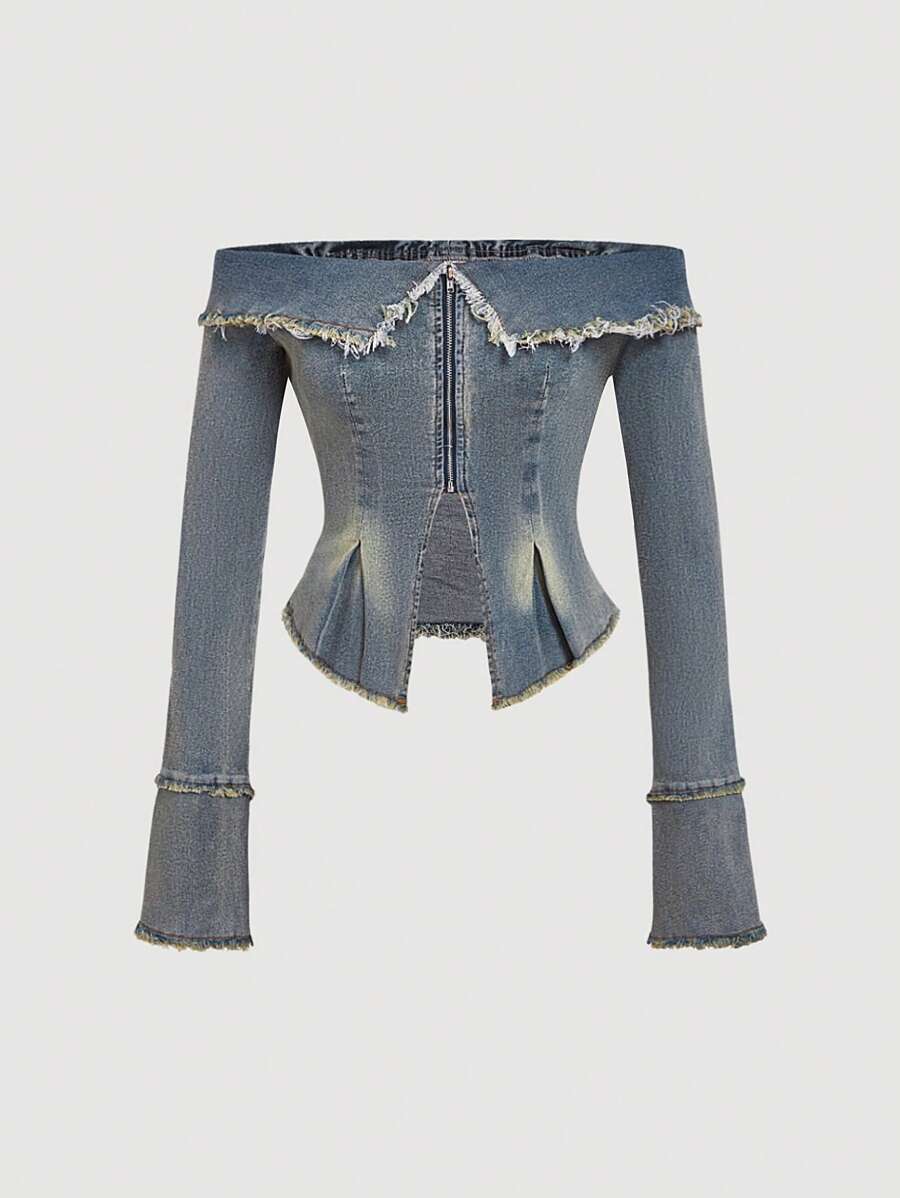 SHEIN MOD 女式露肩长袖流苏设计牛仔夹克 - 藍色 - 查看 1