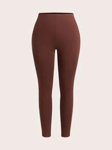 SHEIN EZwear Quần legging dệt kim màu trơn cỡ lớn cho nữ - Cà phê nâu - Xem 5