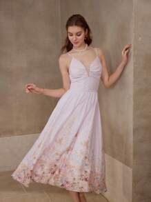 MOTF PREMIUM VESTIDO RECOGIDO CON ESTAMPADO DE FLORES - Rosa - Ver 3