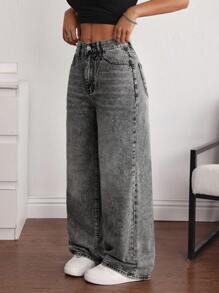 SHEIN ICON 女式宽松阔腿口袋休闲百搭牛仔裤 - 灰色 - 查看 5