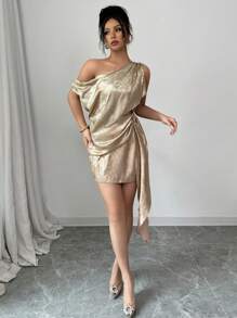 Elenzga Women Asymmetric Neck Ruched Metal-Tone Dress - Gold - View 1