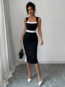 Selianne Women's Hollow-Out Bowknot Back Black & White Contrast Square Neck Sleeveless Long Dress, Elegant Casual, Spring/Summer - Black and White - View 3