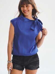 SHEIN LUNE 繫帶領蝙蝠袖緞面襯衫