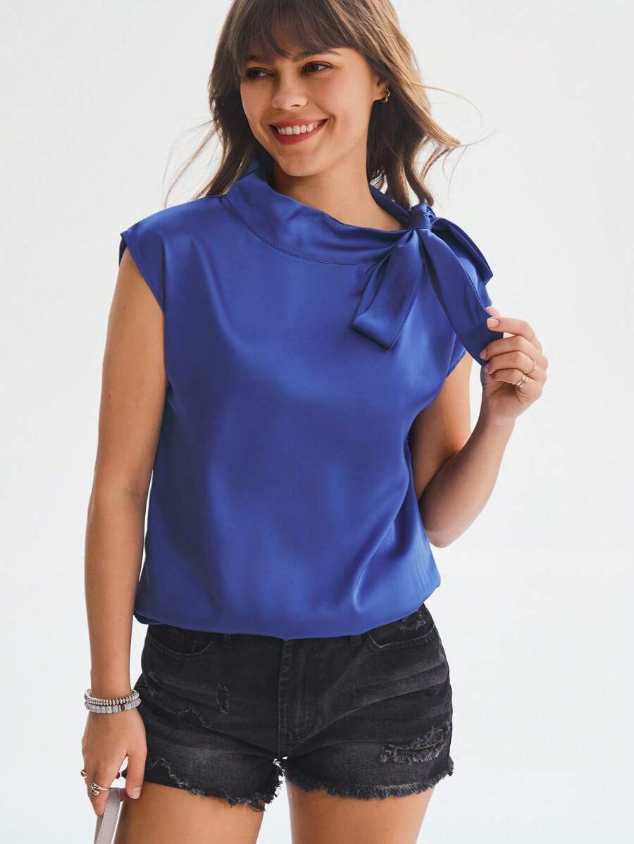 SHEIN LUNE 繫帶領蝙蝠袖緞面襯衫