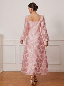 Aveloria Rosie Elegant Rose Jacquard Floral Long Sleeve Ruched Waist Dress With Sheer Details, Romantic Wedding Season, Pink & White Fall Cloth For Women