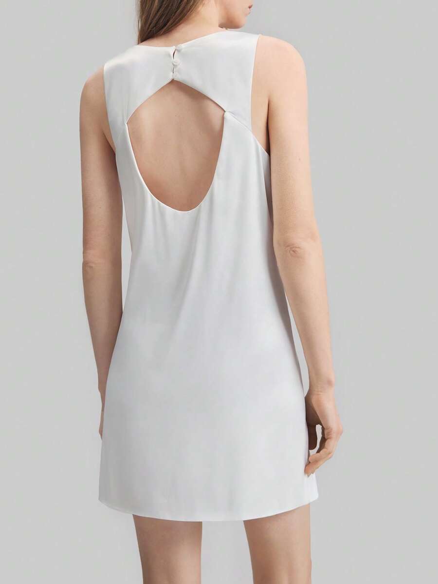 Ontre Women Solid Color Ribbed Mini Dress With Open Back Design, Simple & Elegant Urban Style, Sleeveless Short Dress, White, Spring/Summer - White - View 1