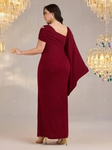 Modelyn 大码优雅纯色不对称领口美人鱼连衣裙 - 酒紅色 - 查看 3