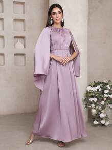Veilorie Women's Solid Color Round Neck Poncho Sleeve Elegant Arabic Style Dress - Dusty Pink - View 3