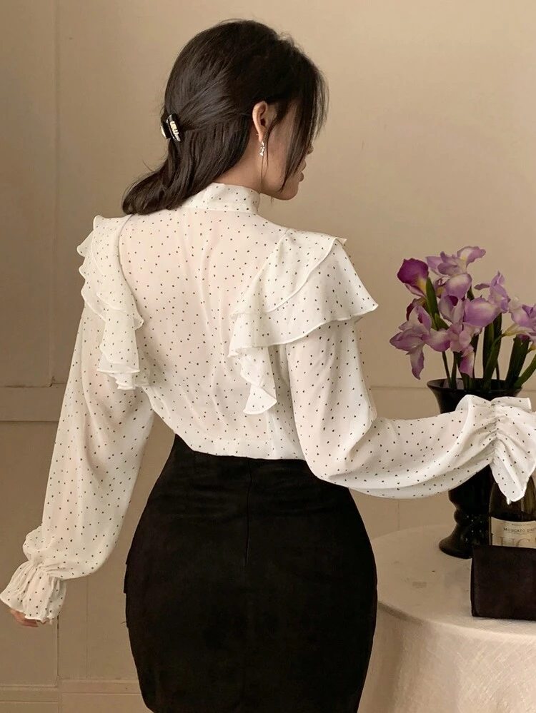 Women's Polka Dot Ruffle Collar Casual Blouse, Stylish For Daily Wear,Fall Women Clothes Long Sleeve Top