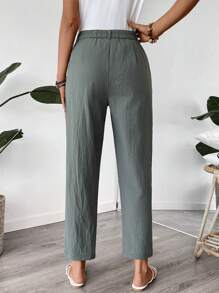 EMERY ROSE Women Solid Color Pleated Straight Leg Casual Pants - Green - View 2