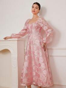Aveloria Rosie Elegant Rose Jacquard Floral Long Sleeve Ruched Waist Dress With Sheer Details, Romantic Wedding Season, Pink & White Fall Cloth For Women