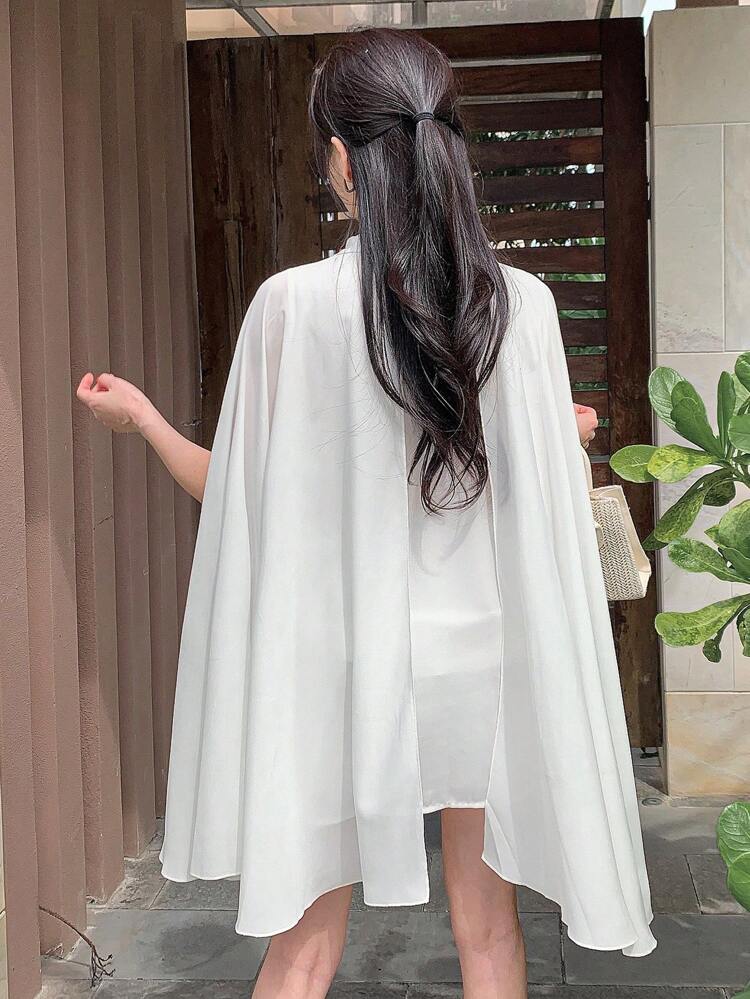 Elegant Summer Blouse, Solid Color Pleated Loose Fitting Open Slit Vacation Shirt For Women Long Sleeve Top