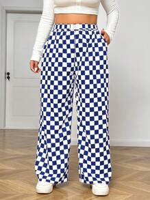 SHEIN EZwear 蓝白格子休闲宽松阔腿裤，大码 - 藍白色 - 查看 5