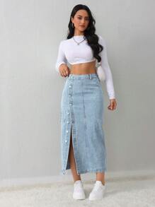 SHEIN Tall 女士牛仔半身裙休闲宽松侧开叉蓝色中裙高腰女裙浅蓝色短裙蓝色裙子冬季女装 - 淺色水洗藍 - 查看 4