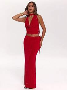 SHEIN BAE Bộ 2 món áo cổ xếp ly hở lưng gợi cảm và chân váy, thanh lịch khi hẹn hò, tiệc độc thân, khách dự tiệc cưới, ngày lễ, kỳ nghỉ ở bãi biển, mùa xuân/hè - Đỏ - Xem 3