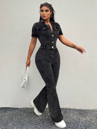 SHEIN SXY 女式紧身高腰长喇叭连体裤，短袖，性感有弹性，黑色