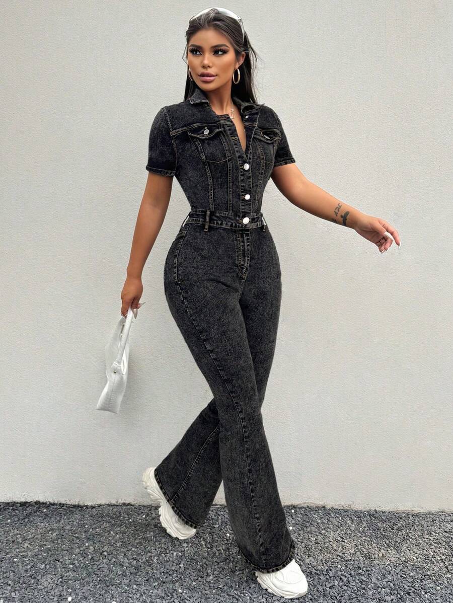 SHEIN SXY 女式紧身高腰长喇叭连体裤，短袖，性感有弹性，黑色 - 黑色 - 查看 1