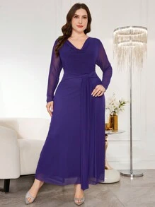 Modelyn 女士荷叶边高领长袖修身优雅派对连衣裙，柔软舒适网眼缎带加大码