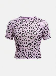 SHEIN Conjunto deportivo con estampado de leopardo de manga corta y cuello redondo para niñas preadolescentes