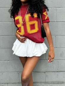 INAWLY Women Numeric Pattern Round Neck Short Sleeve Knitted Top - Red - View 1