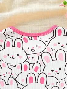 Baby Girls 2pcs Rose Red Cute Rabbit Short Sleeve Leggings Set, Snug Fit Pajamas - Hot Pink - View 5