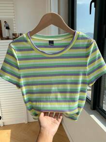 Comfortcana 女士加大码条纹针织圆领短袖 T 恤 - 薄荷綠 - 查看 1