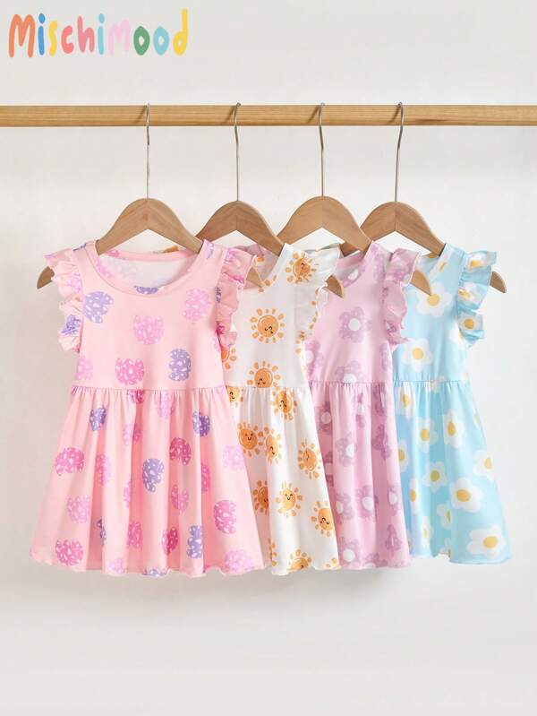 4pcs/Pack Baby/Toddler Girls Cute Floral Print Sleeveless Summer Short Dress Spring Dresses For Baby Girls Toddler Spring Dresses Toddler Summer Dresses Baby Summer Dresses Baby Girls Summer Dresses