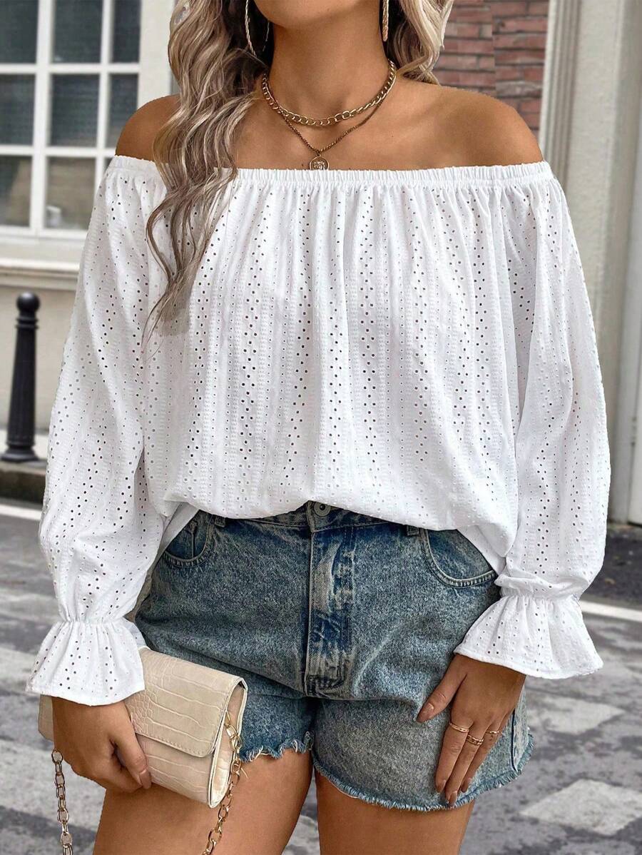 SHEIN Unity 大码女式露肩纯色宽松休闲简约灯笼袖长袖衬衫，秋季 - 白色 - 查看 1