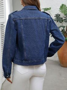 SHEIN LUNE 女士休闲水洗翻盖口袋牛仔夹克 - 藍色 - 查看 2