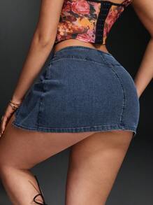 SHEIN BAE 女士时尚迷你牛仔裙 - 藍色 - 查看 3